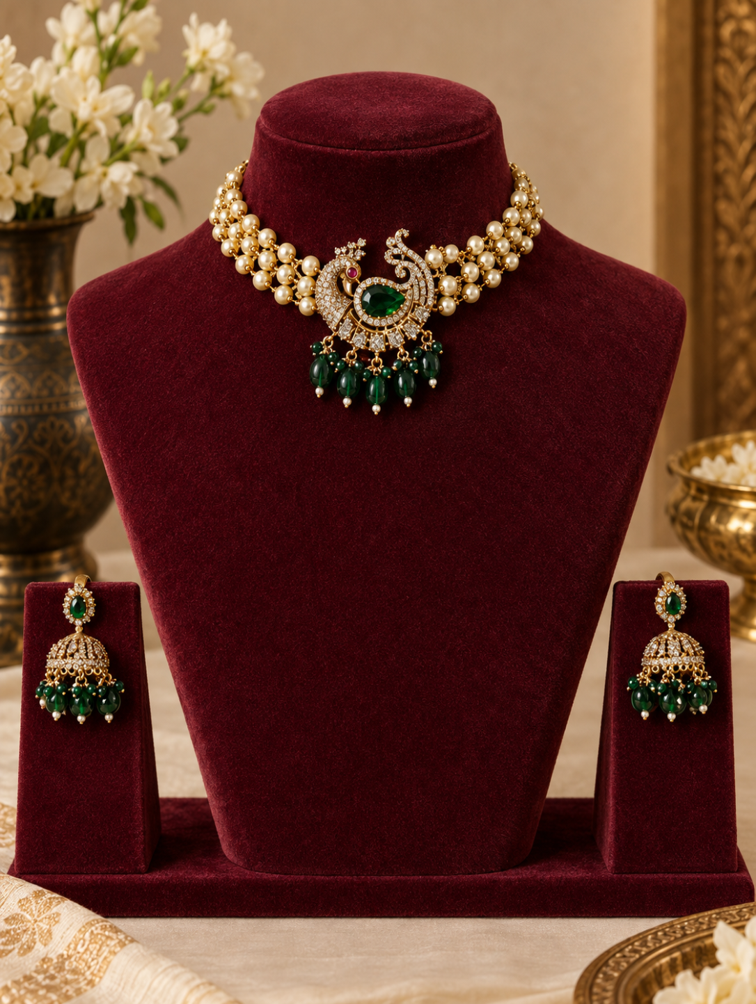 A traditional Indian jewelry set displayed on a deep burgundy velvet jewelry stand. The set includes a pearl and gold-plated choker necklace with a central peacock motif featuring a green stone and dangling green beads, along with matching green and gold jhumka earrings.