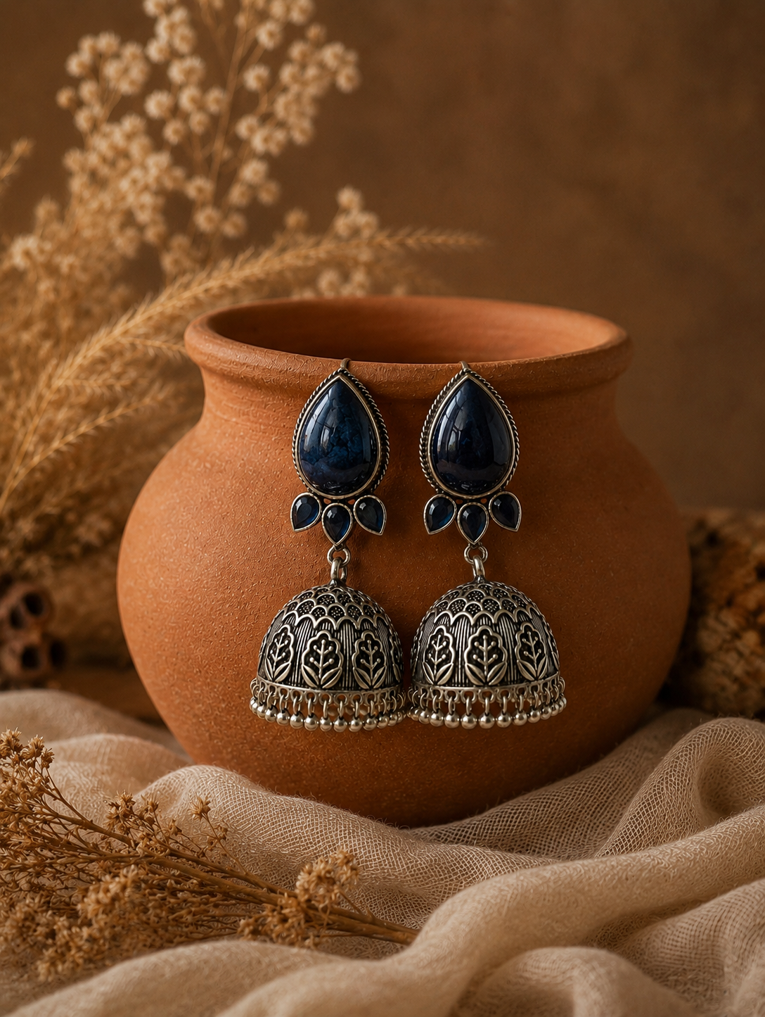 Pair of oxidized silver Jhumka earrings with deep blue teardrop stones hanging on a terracotta pot, featured in the file E001_Neelam_299 .png.