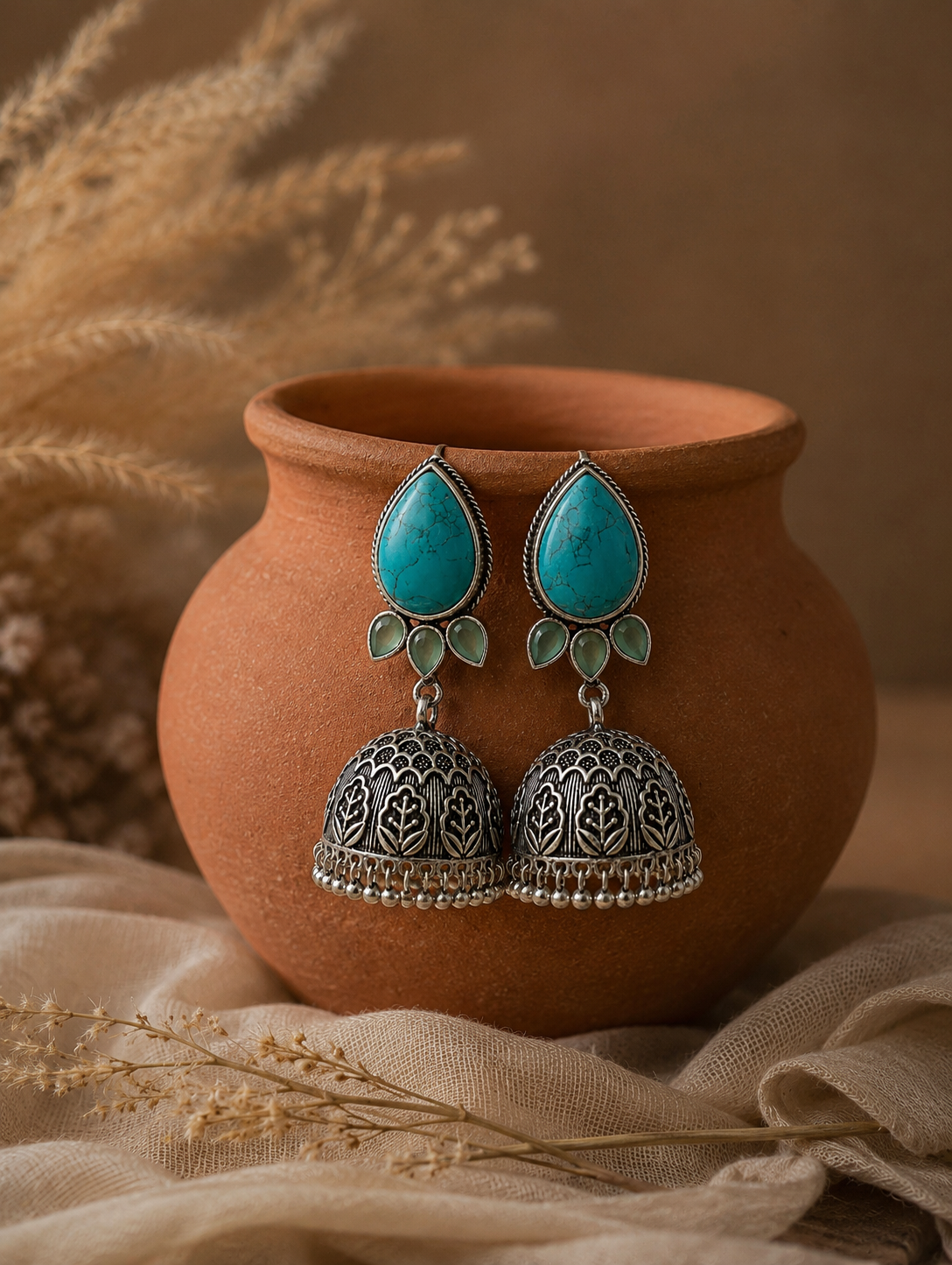 Turquoise teardrop earrings with silver designs on a terracotta pot with a natural background