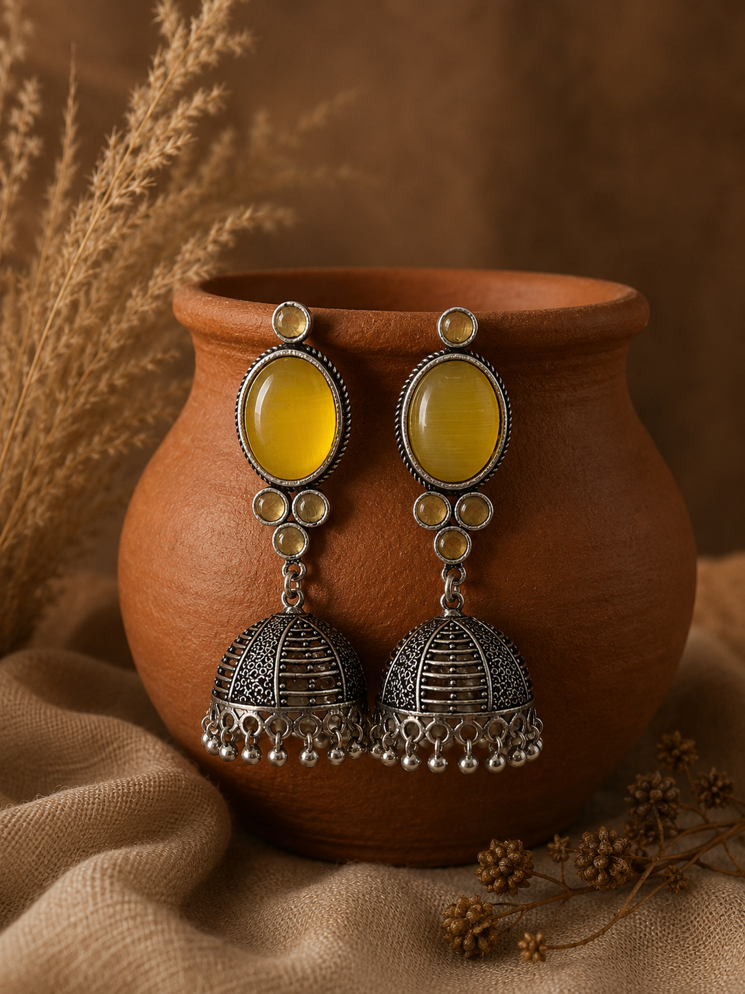Intricately designed oxidized silver Jhumka earrings featuring large, smooth yellow oval stones, displayed hanging on an earthen clay pot in the file E002_Sitara_299.png.