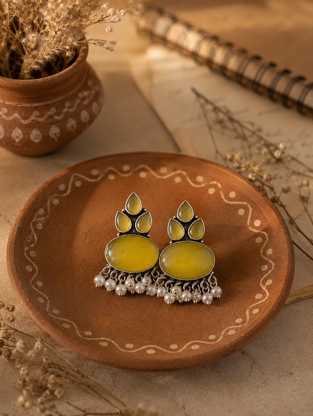 A pair of oxidized silver Chandri stud earrings featuring large yellow oval stones and delicate dangling pearl ghungroos, displayed inside a decorated terracotta plate 