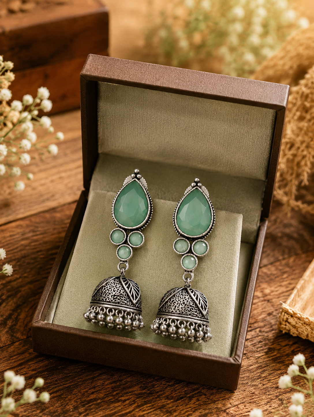 A pair of oxidized silver Jhumka earrings set with mint green teardrop and round stones, presented inside an open brown jewelry gift box as shown 