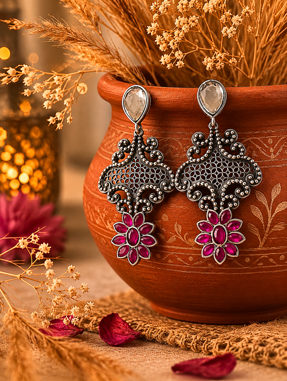 A pair of Varna oxidized silver statement earrings featuring teardrop-shaped white crystal posts, intricate mesh filigree patterns, and a magenta pink gemstone flower drop, hanging from a terracotta pot.