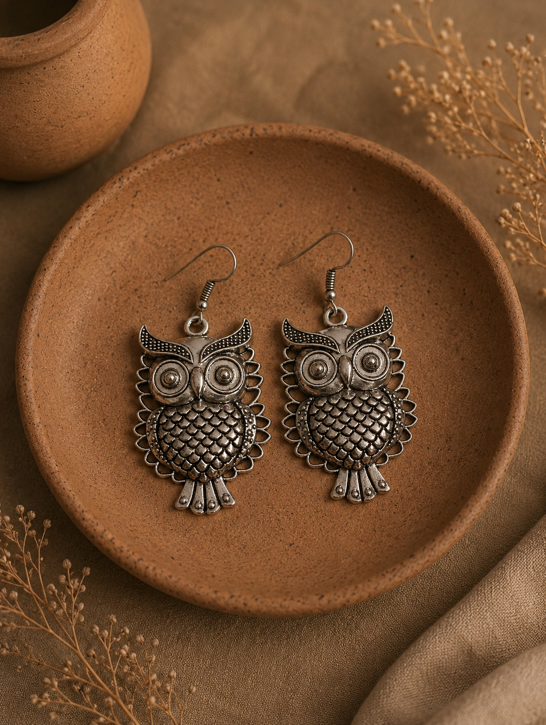 A pair of Parijatha oxidized silver dangle earrings featuring a detailed owl design with big round eyes, textured scales on the body, and pointed horns, placed inside a terracotta dish.