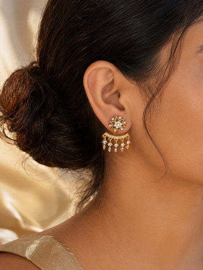 Elevate your jewelry collection with these exquisite 2-in-1 convertible ear jackets, designed to offer seamless transitions from daytime elegance to evening glamour. At the center of this versatile design are brilliant, starburst-shaped studs intricately encrusted with high-quality diamond replicas that radiate celestial charm. For a more dramatic, statement-making look, the studs seamlessly pair with detachable crescent-shaped ear jackets that feature five delicate, cascading pavé droplets designed to hug 
