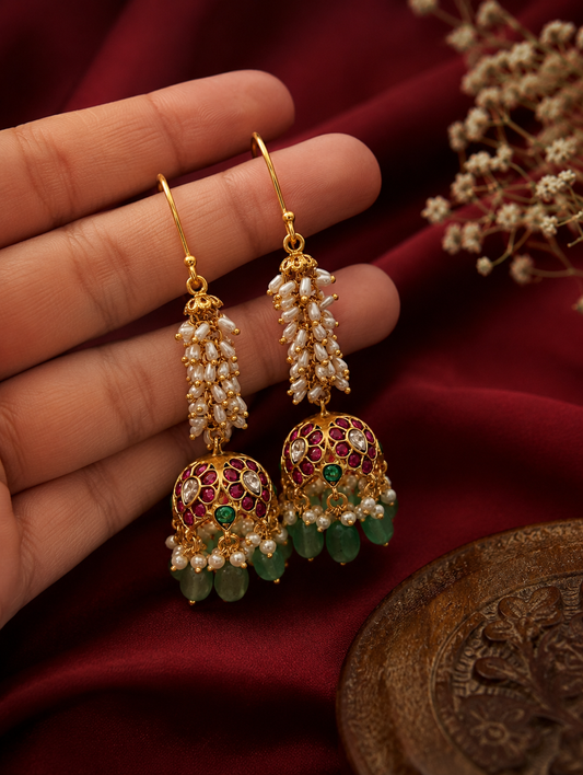 Noor Festive Kundan & Ruby Dome Drop Jhumkas