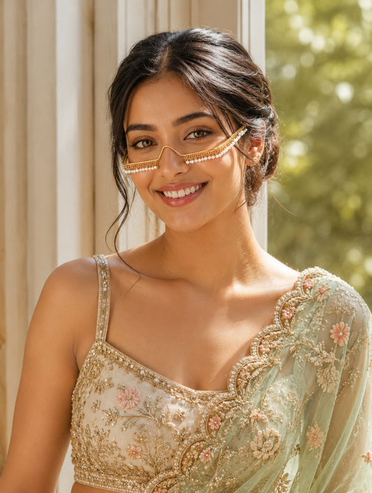 Avant-garde gold wire facial jewelry frame shaped like glasses, featuring a delicate fringe of hanging white pearls along the lower rim, displayed against a beach-themed setup and worn by a smiling model in an embroidered mint green saree.