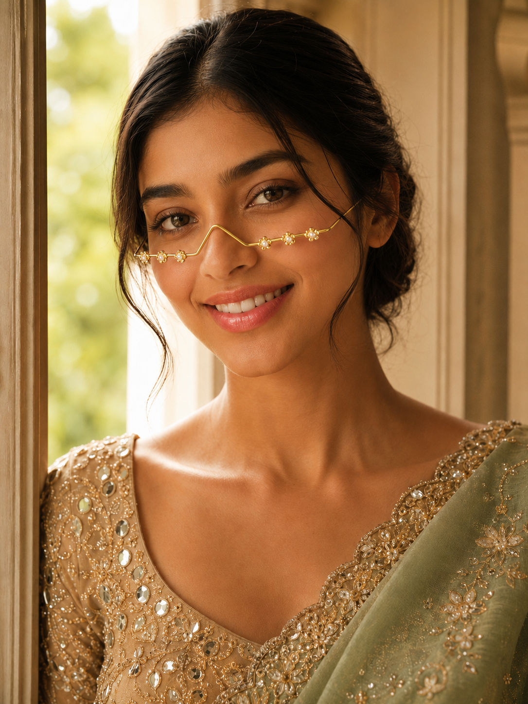 Minimalist gold wire facelet accessory designed like a pair of glasses, decorated with small golden flower motifs and central white pearls along the bottom rim, shown on a textured cream backdrop and modeled by a woman in a sage green saree.