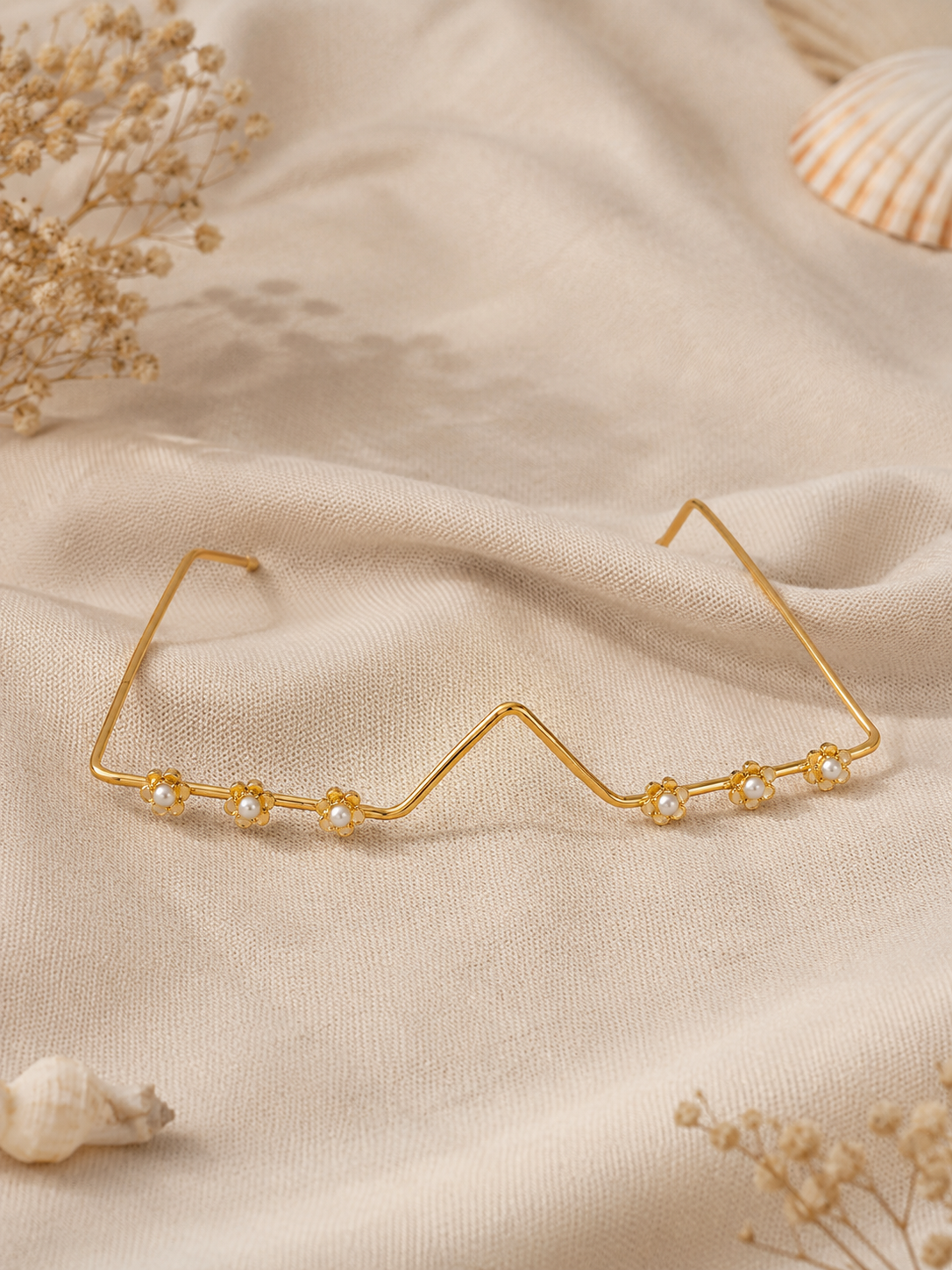 Minimalist gold wire facelet accessory designed like a pair of glasses, decorated with small golden flower motifs and central white pearls along the bottom rim, shown on a textured cream backdrop and modeled by a woman in a sage green saree.