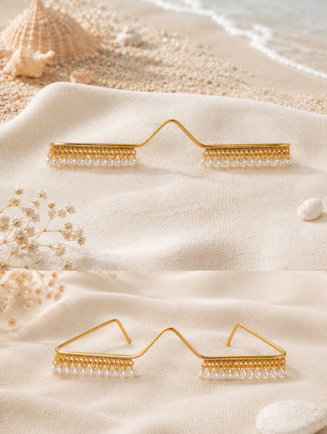 Avant-garde gold wire facial jewelry frame shaped like glasses, featuring a delicate fringe of hanging white pearls along the lower rim, displayed against a beach-themed setup and worn by a smiling model in an embroidered mint green saree.