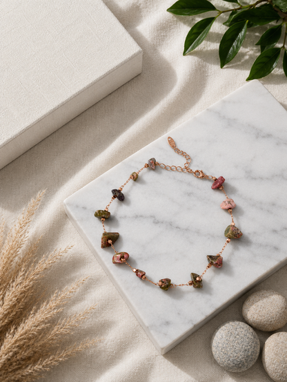 A close-up lifestyle photograph focusing on a model's ankle adorned with a delicate gold-toned chain anklet. The anklet is detailed with small, irregularly shaped raw crystal stone chips in variegated shades of natural green, pink, and plum. The model is styled in light blue frayed denim jeans, set against a bright, warm-toned minimalist background with pampas grass.
