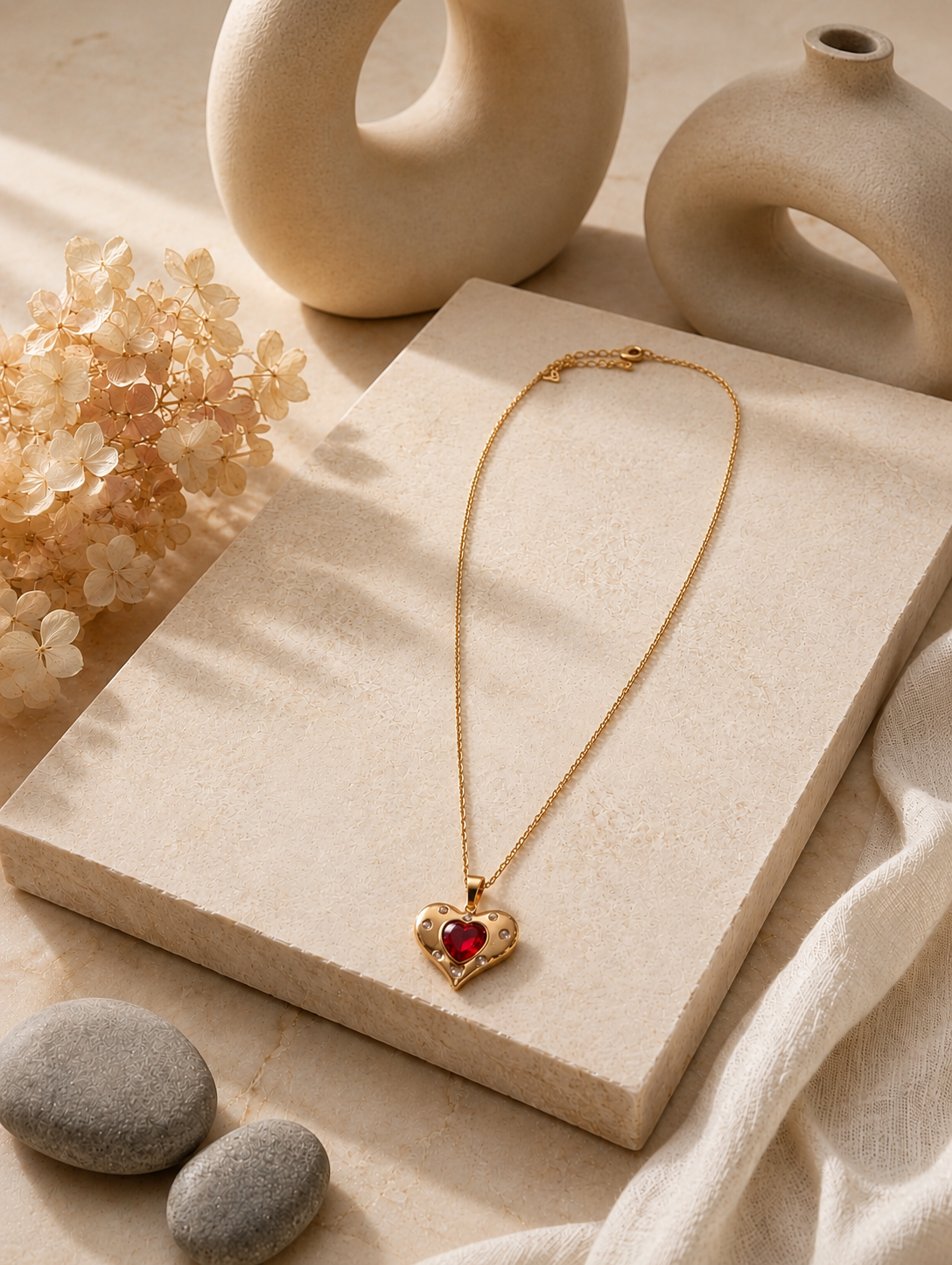 An elegant gold necklace with a red heart pendant and embedded crystals, displayed on a textured beige stone slab. The background features a minimalist, warm-toned aesthetic with cream ceramic vases, dried white hydrangea flowers, smooth gray river stones, and a soft white cloth, all illuminated by gentle sunlight and soft shadows.