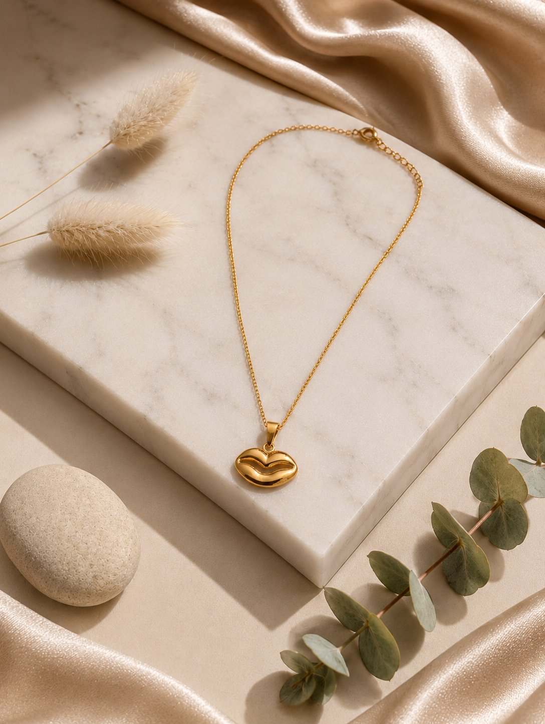 A gold chain necklace with a smooth, high-polish pendant shaped like a pair of lips, showcased on a white marble slab. The luxury lifestyle scene in GN002_gold lip.png is framed by shimmering, draped champagne satin fabric, a smooth beige river stone, fluffy dried bunny tail grass stems, and a sprig of green eucalyptus leaves under soft, warm lighting.