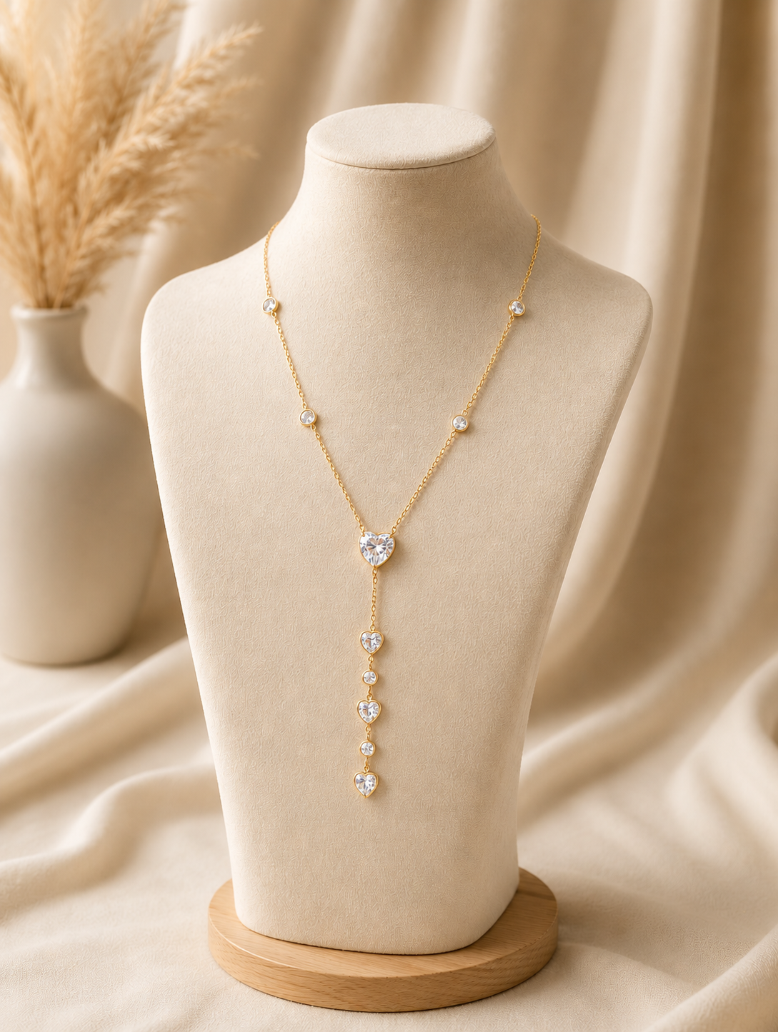 A fine gold lariat necklace featuring a cascading drop of faceted pink crystal hearts and small round bezel-set pink gems. In GN008_heart amora chain.png, the jewelry pieces drape beautifully from a rectangular white marble block across a beige tabletop. The luxury flat-lay setting is completed by a smooth cream river stone, fluffy dried bunny tail grass, draped champagne silk fabric, and a delicate branch of green eucalyptus under soft, natural lighting.
