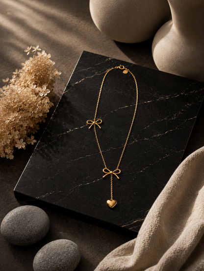A detailed close-up shot of a high-polish gold necklace featured in GN010_asymmetric bow necklace_a.png. The necklace showcases a sleek, sculpted gold ribbon bow with a fine gold chain dropping from its center, ending in a smooth, puffed gold heart pendant. The jewelry is elegantly draped over a polished, dark black marble surface with striking white veins, illuminated by warm, atmospheric lighting with soft dried flowers blurred in the upper background.