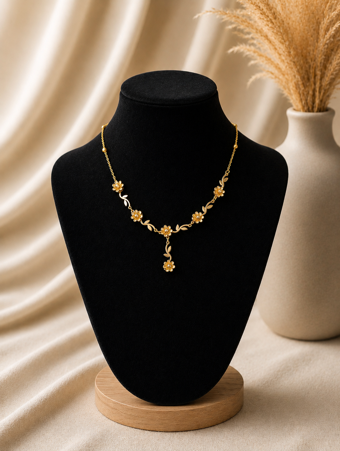 A detailed flat-lay shot of an intricate gold necklace featuring a vine design with sculpted wildflowers, small golden leaves, and crystal-centered blossoms that culminate in a central dangling flower drop. In GN012_flower chain.png, the necklace is displayed across a white marble slab, set against a warm neutral background of wrinkled cream linen, a fabric-covered jewelry box, dried pampas grass, smooth textured river stones, and a sprig of fresh green leaves in the upper right corner.