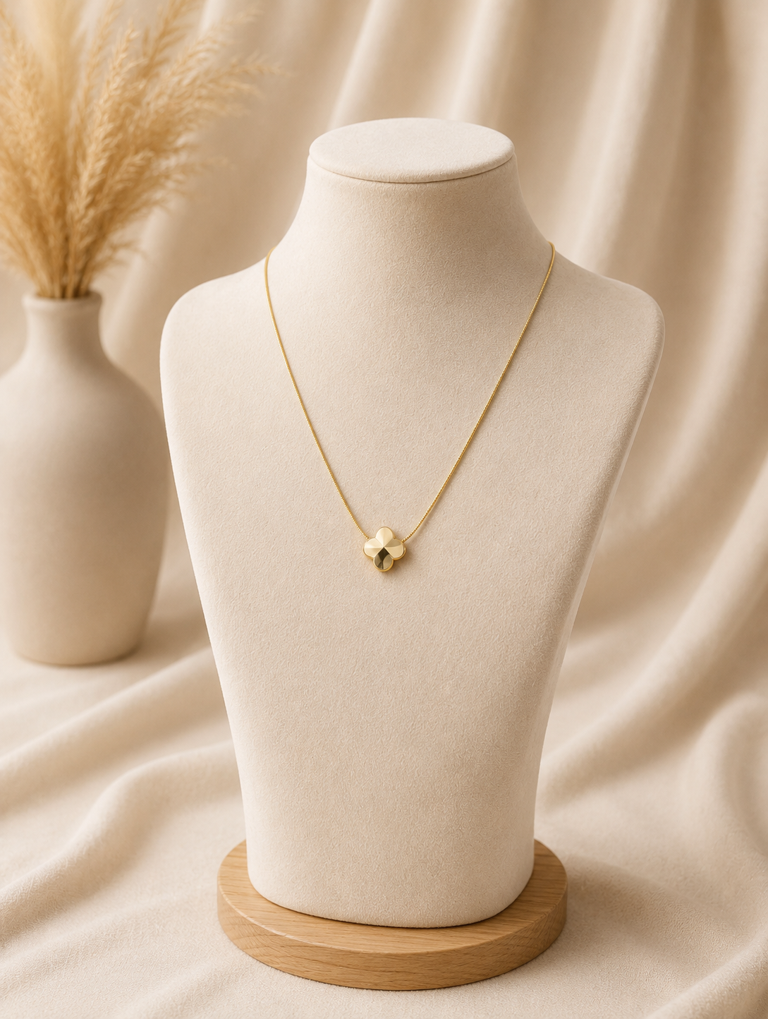 A minimalist gold pendant necklace featuring a polished four-leaf clover design, displayed on a beige fabric bust mannequin against a soft, neutral draped background with a vase of pampas grass. Stainless steel