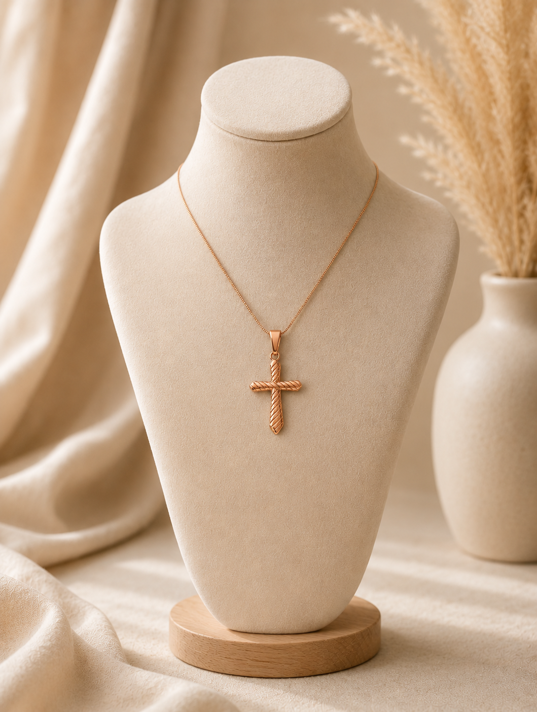 A gold cross pendant necklace featuring an intricate twisted rope texture, displayed on a beige fabric bust mannequin against a soft, cream-colored draped backdrop with a ceramic vase of pampas grass. Stainless Steel