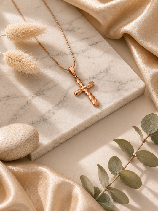 A gold cross pendant necklace featuring an intricate twisted rope texture, displayed on a beige fabric bust mannequin against a soft, cream-colored draped backdrop with a ceramic vase of pampas grass. Stainless Steel