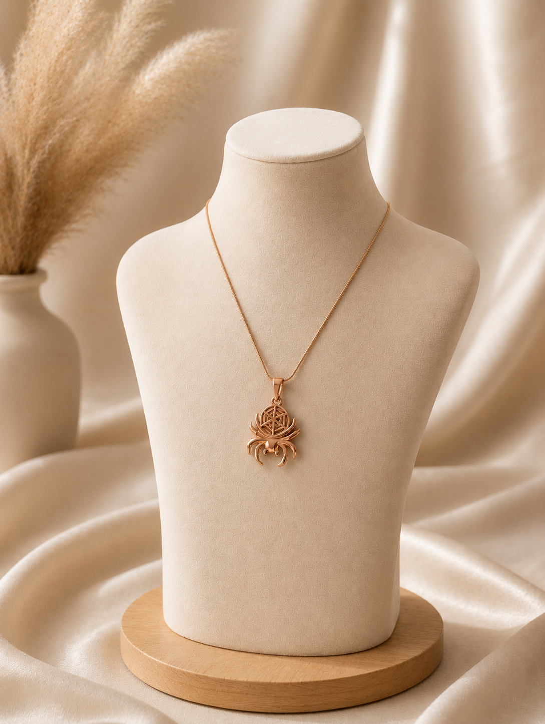 A polished rose gold-toned pendant necklace shaped like a spider, featuring curved legs and an intricate geometric web design cutout on the body. The pendant hangs from a thin, smooth snake chain and is displayed both as an aesthetic flat-lay on a white marble surface and draped over a neutral jewelry mannequin bust.