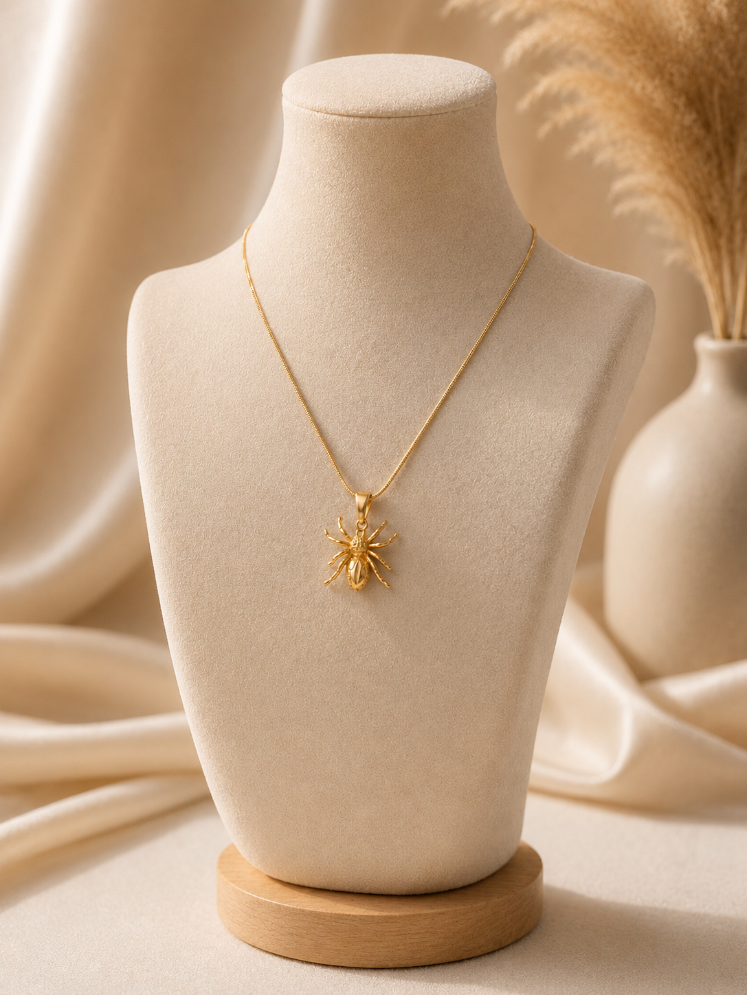 A collection of three product photographs showcasing a detailed gold-tone spider pendant necklace on a fine snake chain, styled in both a warm flat lay on a white marble slab and displayed on a beige velvet jewelry bust.