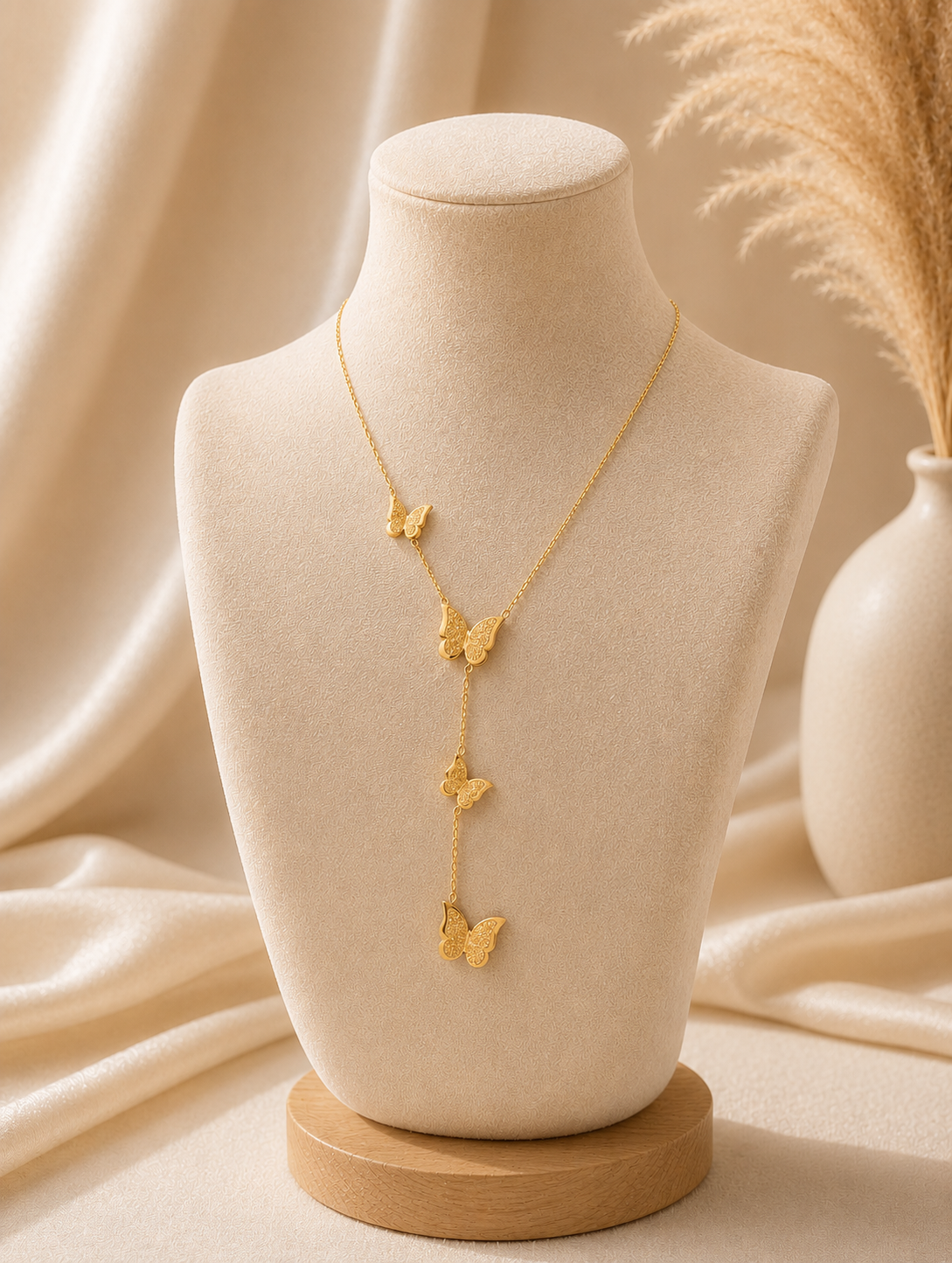  A collection of three product photographs showcasing a delicate gold-tone Y-lariat chain necklace with four cascading, intricately textured butterfly charms, featured as a flat lay on marble (**GN027_butterfly chain.png**), on a velvet display bust (**GN027_butterfly chain_350.png**), and modeled on a woman's neckline (**GN027_butterfly chain_a.png**).