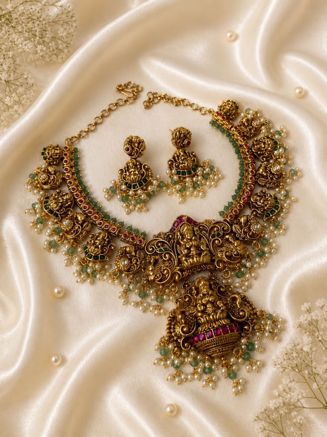 Antique matte finish gold necklace and earring set featuring intricate carvings of Goddess Lakshmi, accented with emerald green and ruby pink beads and delicate hanging pearl clusters, displayed on a draped cream satin background.
