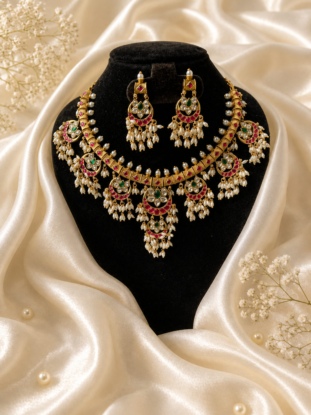 A royal Maharani style gold choker necklace held in a hand, showcasing crescent-shaped Jadau Kundan pendants set with ruby pink and emerald green stones, finished with dense clusters of small white pearls.