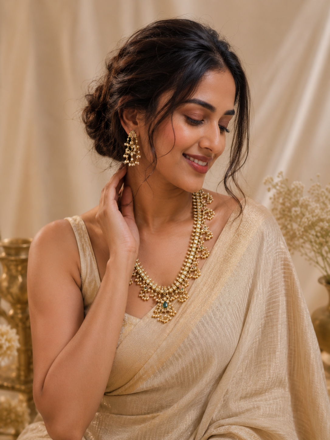 Elegant Ramba long traditional Indian haram necklace and earring set displayed on a black velvet mannequin bust, featuring a gold chain set with square-cut Kundan stones, emerald teardrop accents, and delicate hanging pearl cluster details against a satin background.