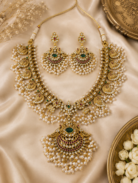 Flat lay view of the Bharathi Andhra Bridal Guttapusalu Necklace and matching chandbali earrings on a beige silk fabric, detailing the gold antique finish, ruby and emerald gemstone accents, and heavy pearl fringes.