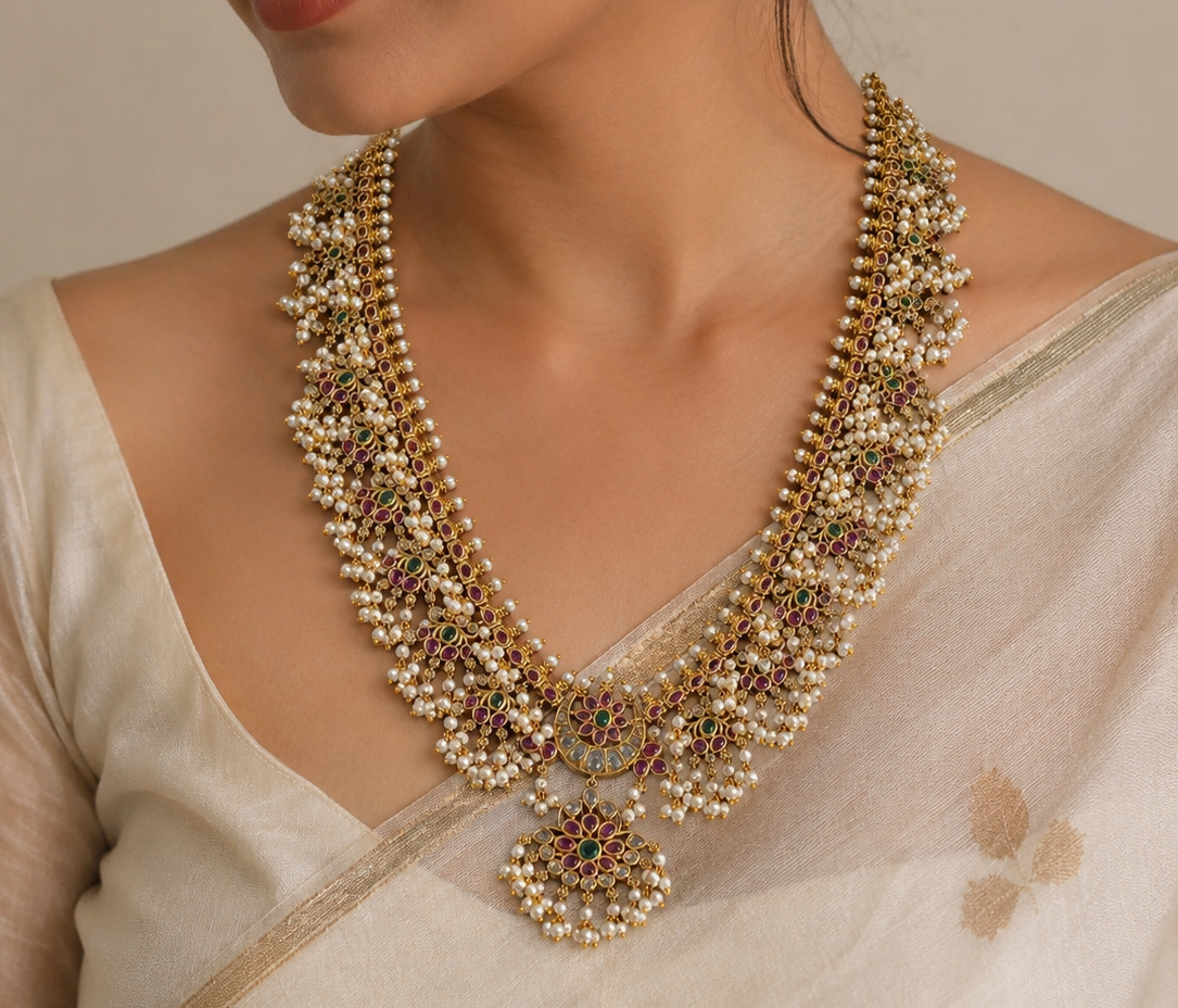 Close-up shot of a model wearing the traditional Revathy Long Guttapusalu necklace set paired with an elegant off-white silk saree, highlighting the heavy pearl bunch details and vibrant kundan stone setting.