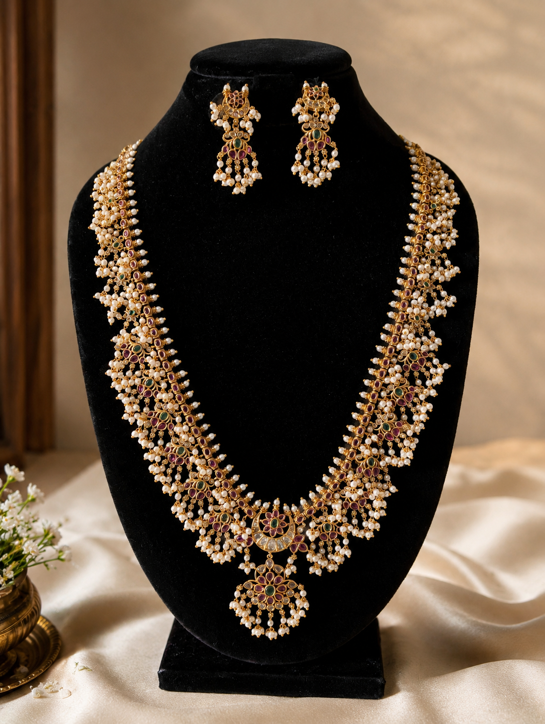 The Revathy Long Guttapusalu haram jewelry set displayed on a premium black velvet bust mannequin, featuring the long traditional necklace and a pair of matching floral drop earrings with cascading white pearls.