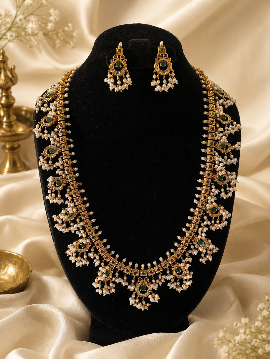 The Jayanthi Traditional Guttapusalu long haram necklace set beautifully displayed on a black velvet mannequin bust, showcasing the detailed gold-toned framework, emerald accents, and dense pearl fringe clusters.