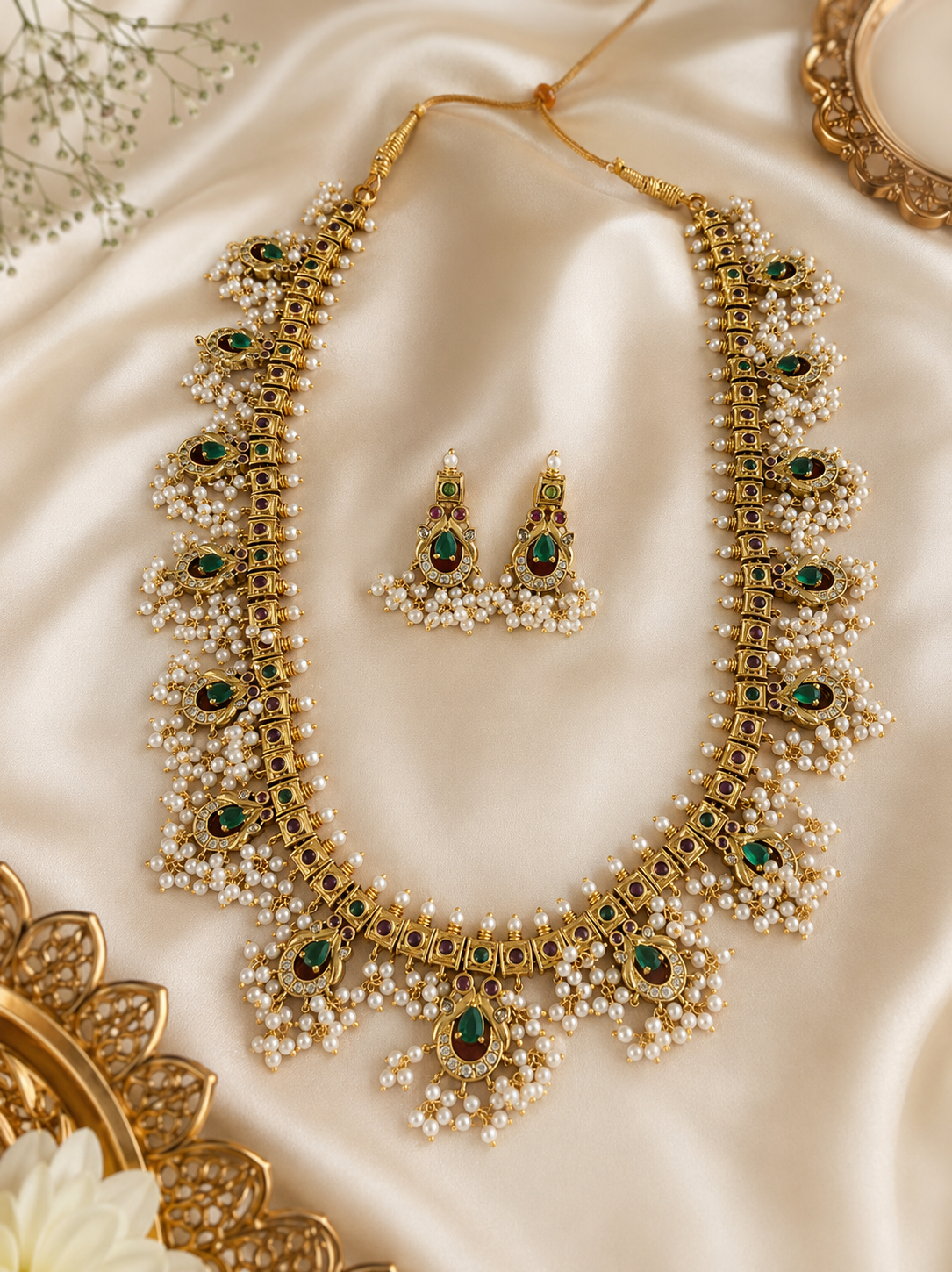 Gold necklace with pearls and green gemstones on a beige fabric background