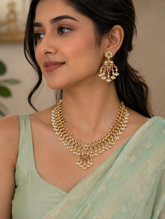 A model showcasing the elegant Shobana Traditional Guttapusalu choker necklace and matching floral-inspired drop earrings, styled beautifully with a pastel green silk saree.