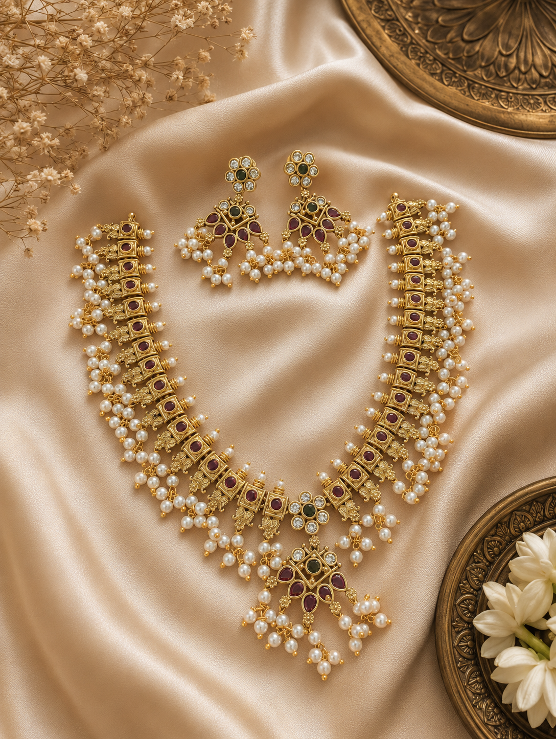 Gold necklace with pearls and gemstones on a beige fabric background