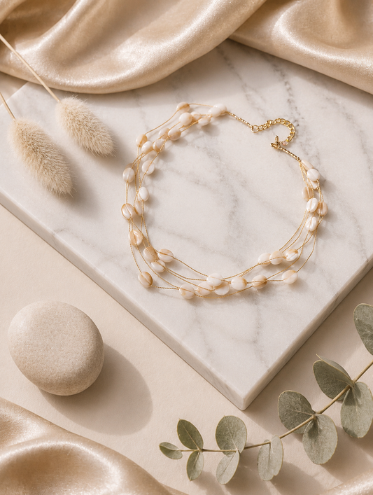 A close-up view from image_8531ba.jpg showing a woman wearing a delicate multi-strand gold necklace strung with polished, iridescent white oval shell beads against a sunny beach backdrop.