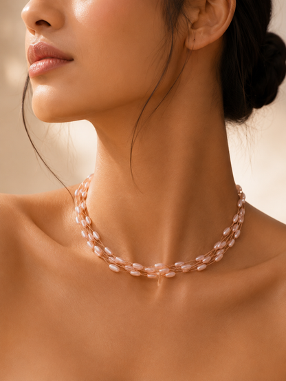 A high-angle product photograph from GS004_shell necklace_399.png showing a multi-strand gold necklace adorned with small, blush-pink oval shell beads, elegantly displayed on a black marbled slab flanked by shimmering champagne silk, dried bunny tails, and a smooth river stone.