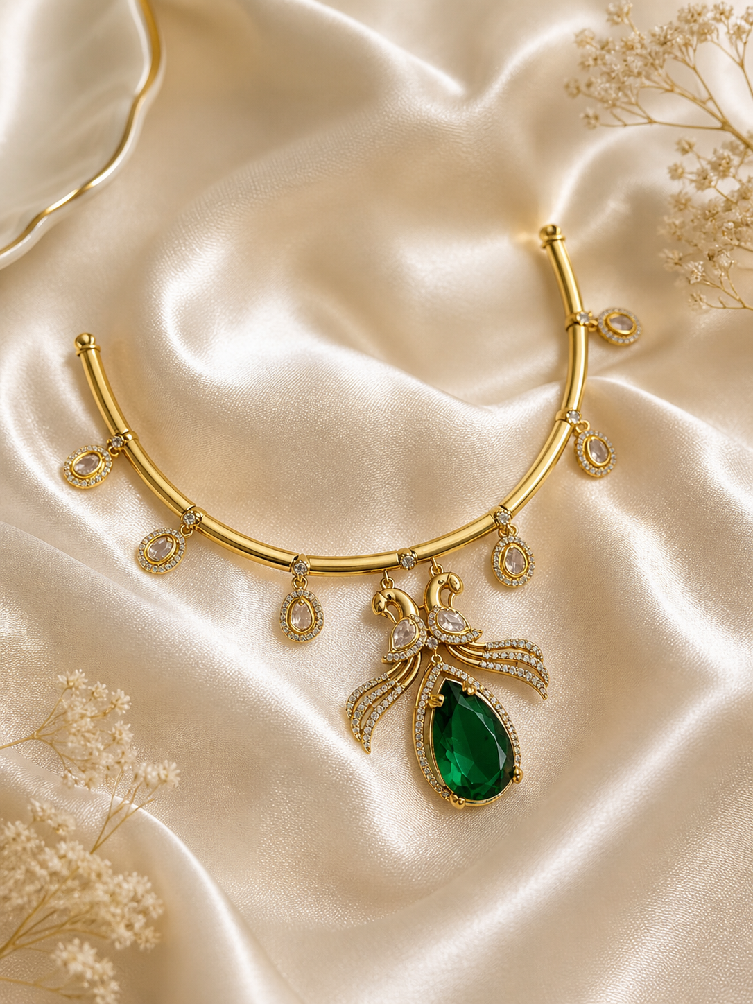 Gold necklace with emerald pendant on a satin surface