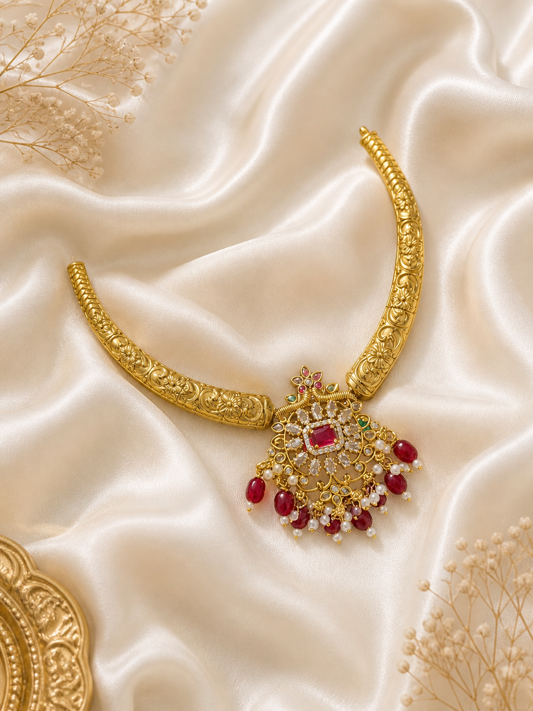Gold necklace with red gemstones on a textured beige surface