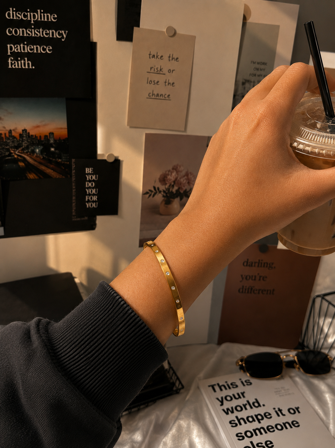 A lifestyle close-up shot for the Gemdot collection, featuring a person's wrist adorned with a sleek, polished yellow-gold bangle bracelet embedded with small, sparkling crystals. The hand is holding an iced coffee cup against an aesthetic background of motivational wall prints, sunglasses, and a book. As seen in KD022_gemdot_2.png