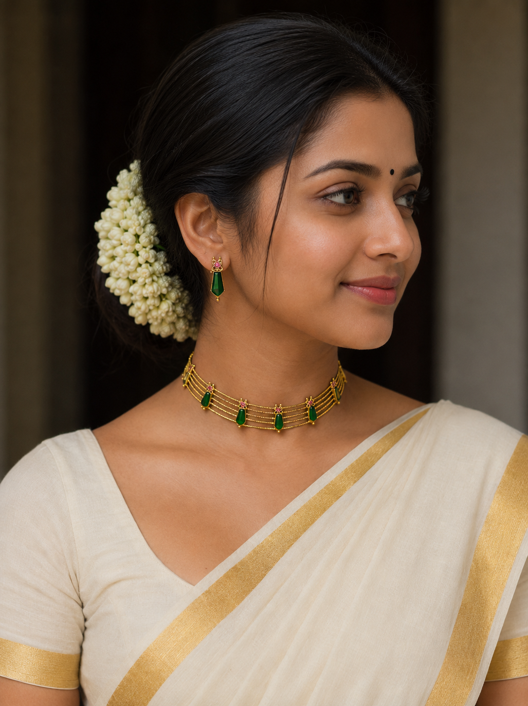 Woman wearing a white saree with gold border and gold jewelry, with a neutral background