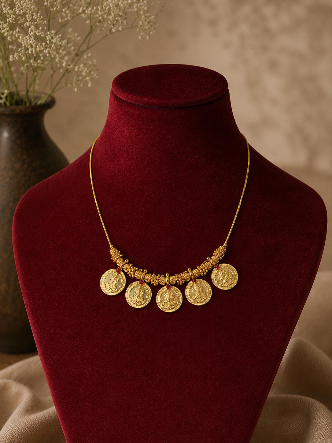A traditional gold coin necklace featuring 5 circular Lakshmi coins detailed with tiny red gemstone accents and a textured gold bead trim, displayed on a red velvet bust.