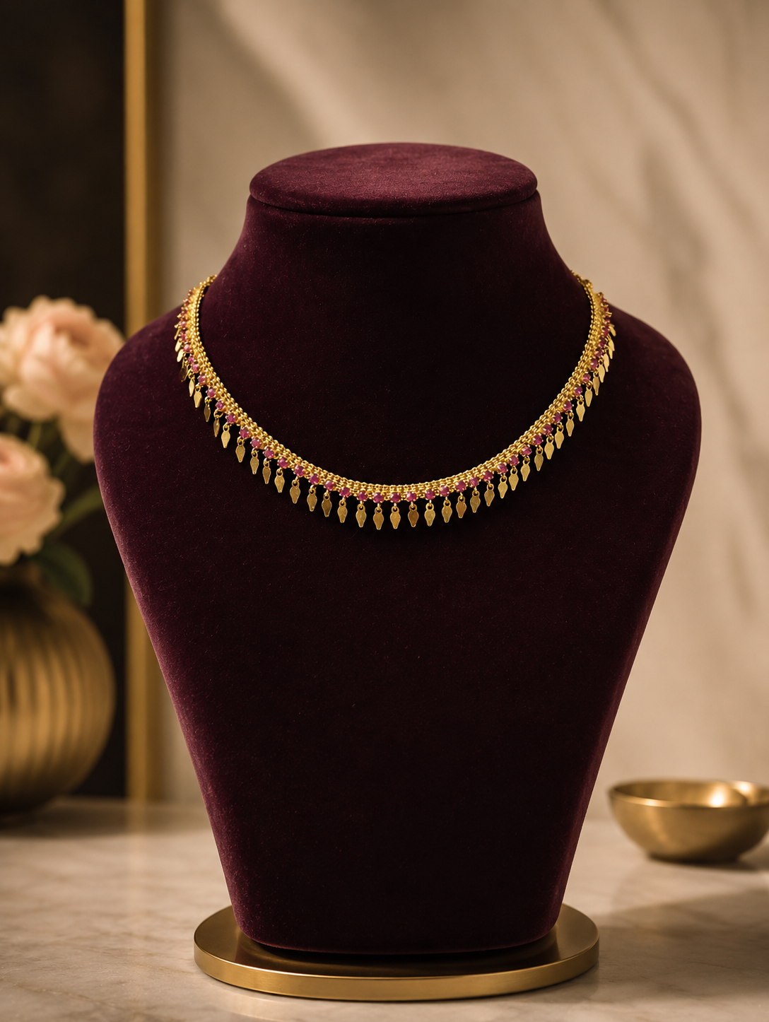 A delicate traditional South Indian gold necklace displayed on a deep maroon velvet mannequin bust, featuring a single sleek strand embedded with pinkish-red ruby stones and a continuous fringe of tiny, hanging gold leaf charms.