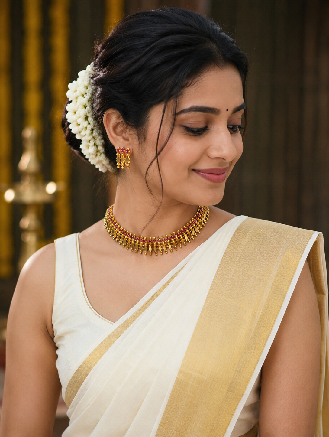 Woman wearing a white saree with gold border and gold jewelry indoors.