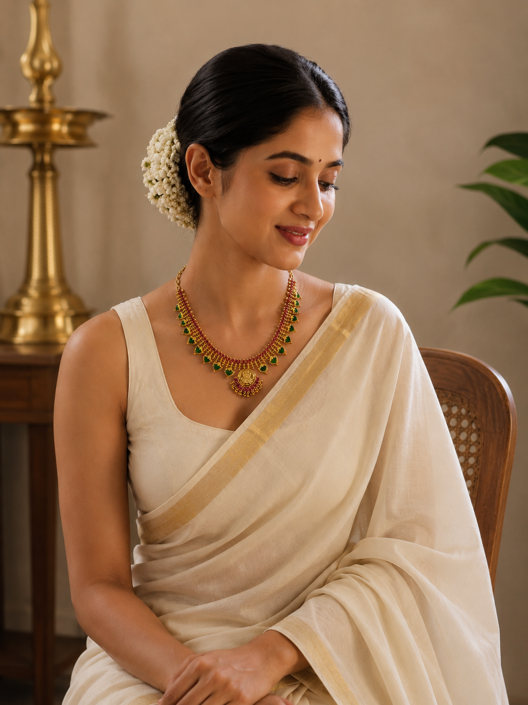 Portrait of a woman in elegant Kerala attire showcasing the traditional green stone Palakka necklace with pink ruby detailing and a round gold Lakshmi pendant.