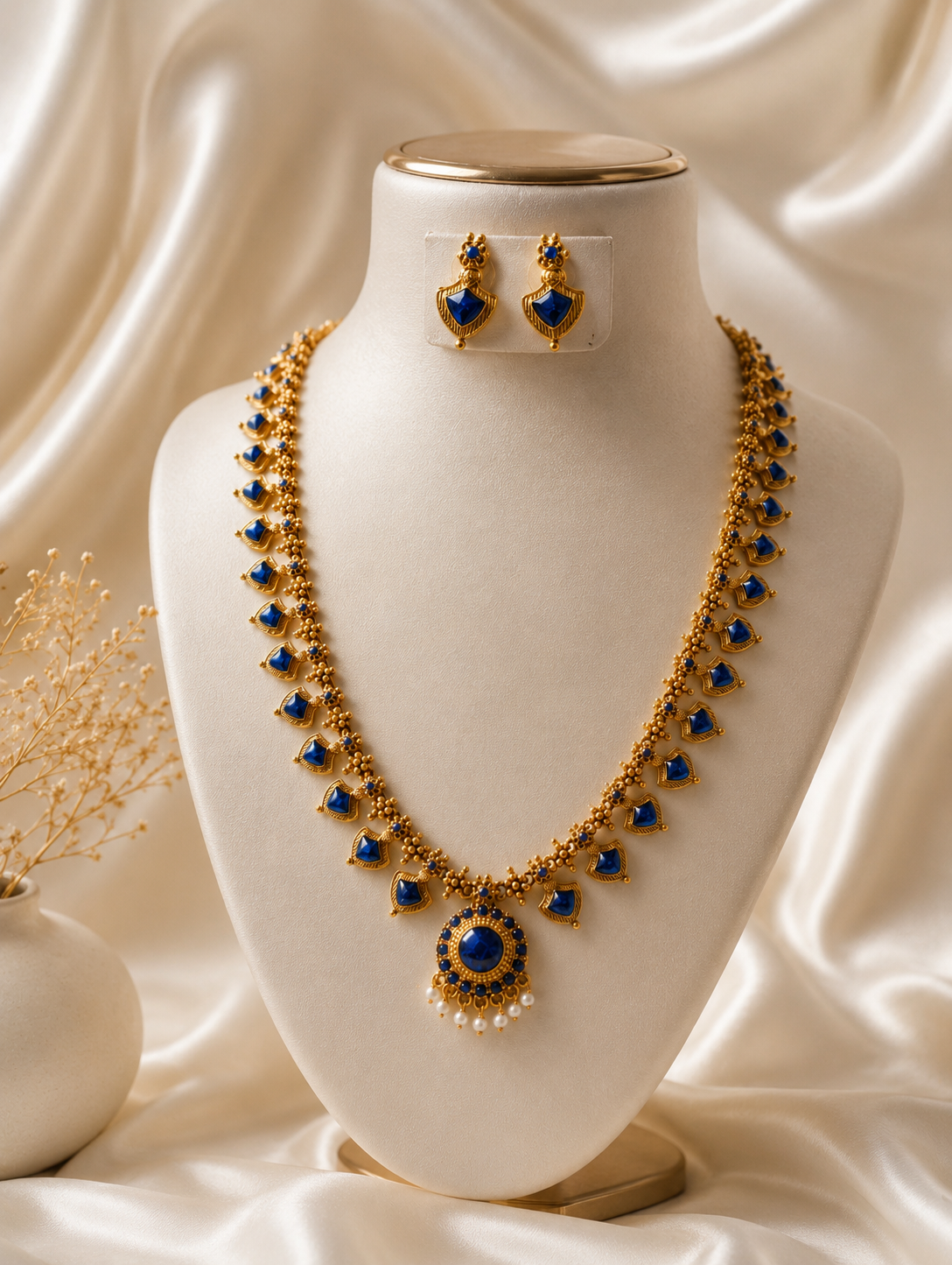 A long traditional South Indian Palakka Haram necklace set with matching earrings, featuring deep blue stones and a circular pearl-hanging pendant, displayed on a cream-colored jewelry bust against a silk fabric background.