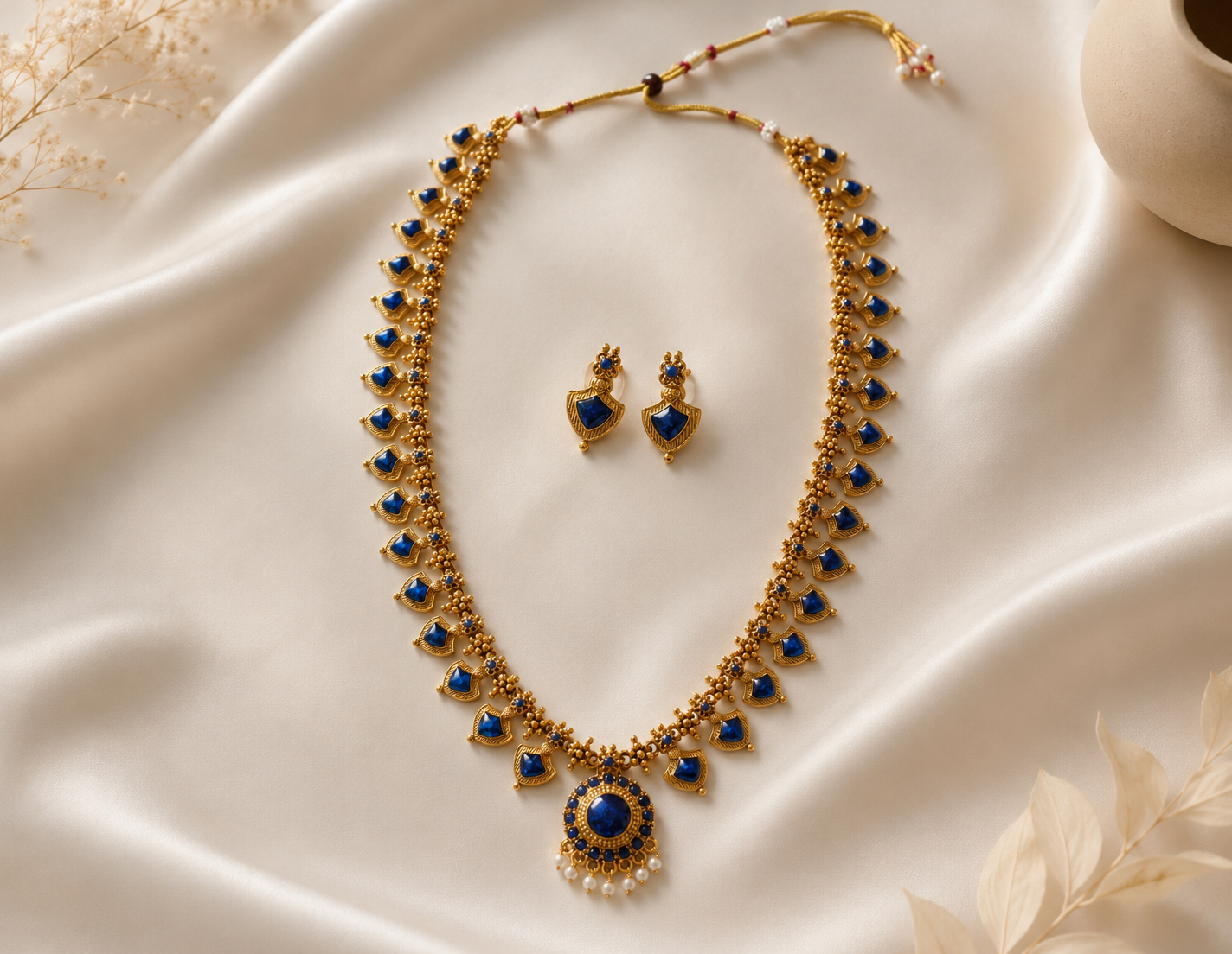 Flat lay view of an antique gold finish Kerala Palakka long necklace and matching drop earrings featuring royal blue leaf motifs, arranged beautifully on a shimmering cream silk background.