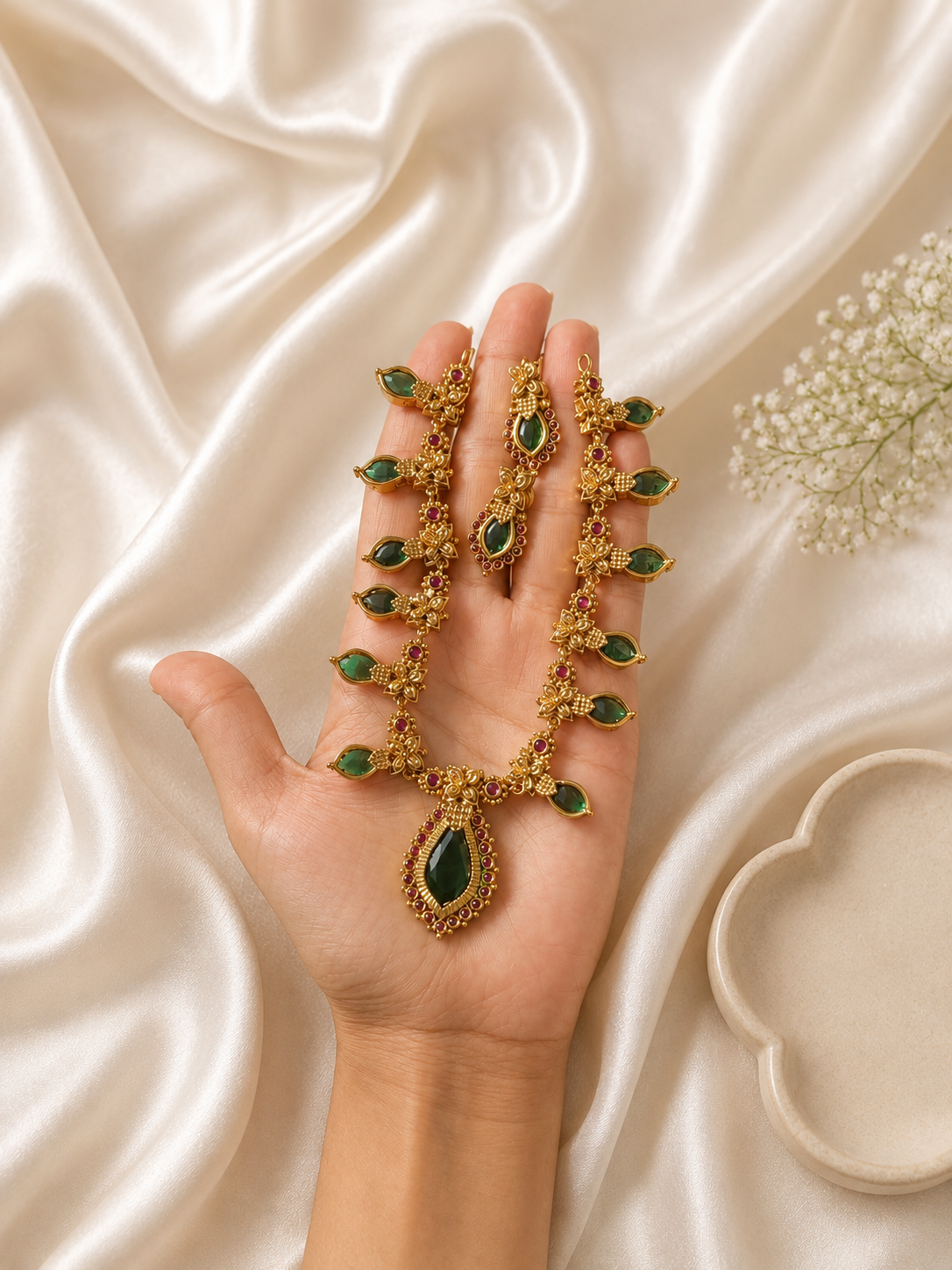 A hand holding an antique gold finish Nagapadam necklace set featuring vibrant emerald green stones and tiny ruby accents, showcased over a shimmering cream silk fabric background.