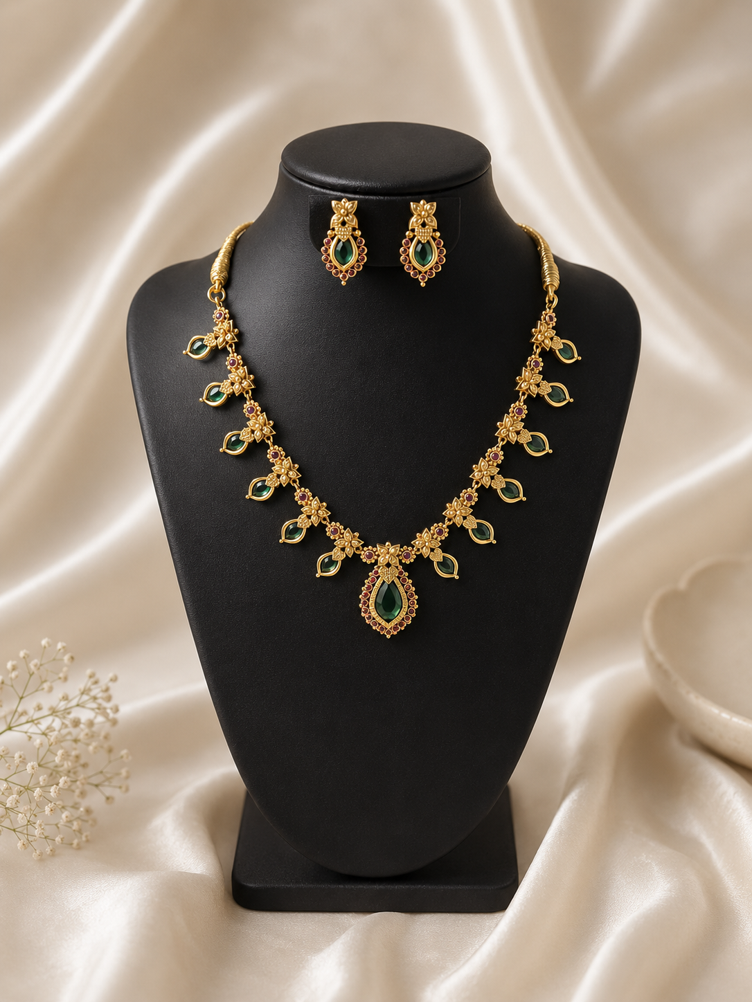 Traditional green stone Kerala Nagapadam necklace and matching drop earrings set displayed beautifully on a matte black jewelry bust against a draped champagne silk background.